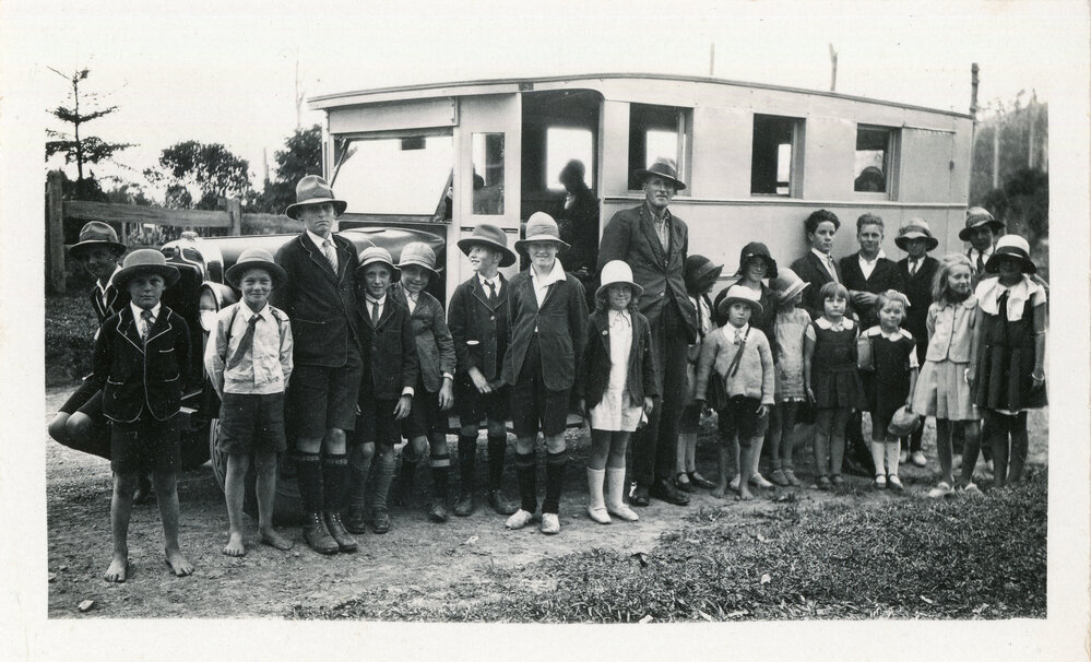 Coramba to Coffs Harbour School Bus, 1930, 70 x 115mm, black & white photograph