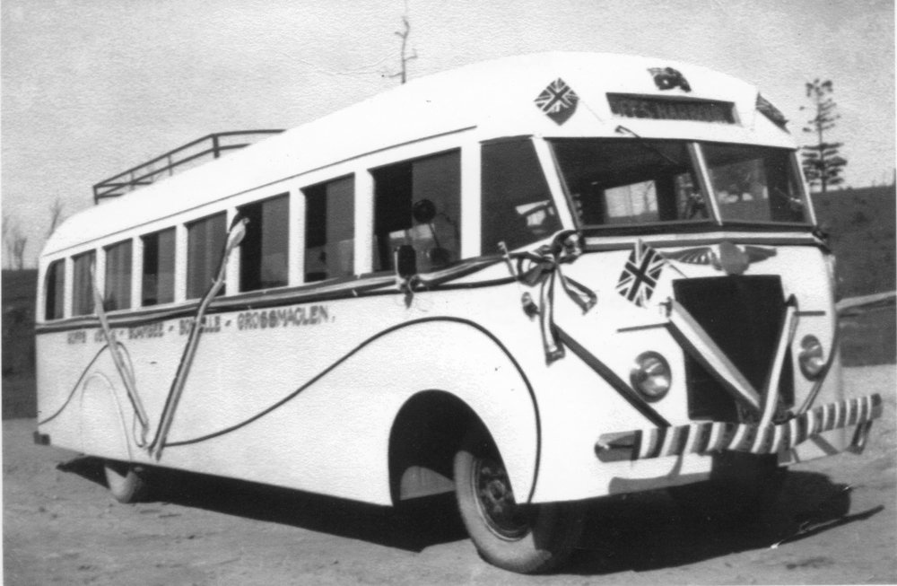 Lindsay Bros' first bus, 1946, 100 x 153mm, black & white photograph